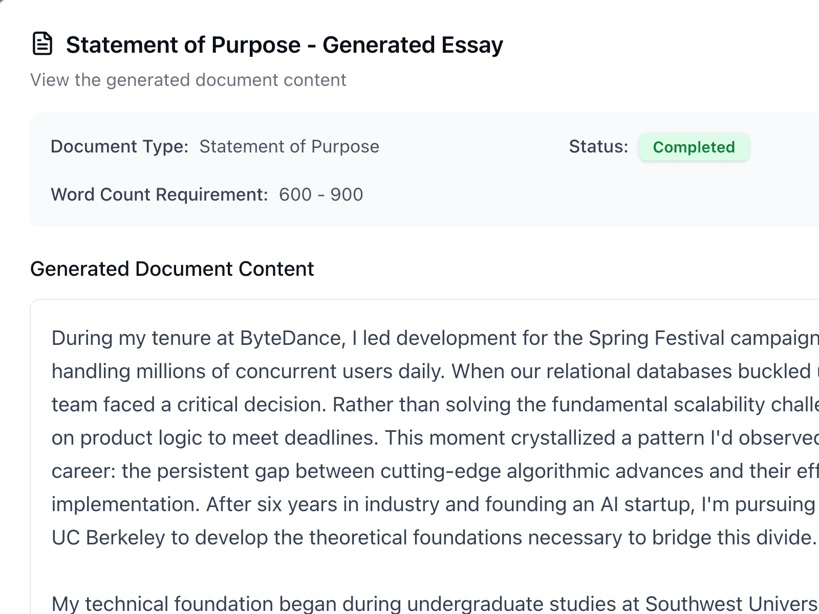 Final essay output showing polished, formatted application essay ready for submission